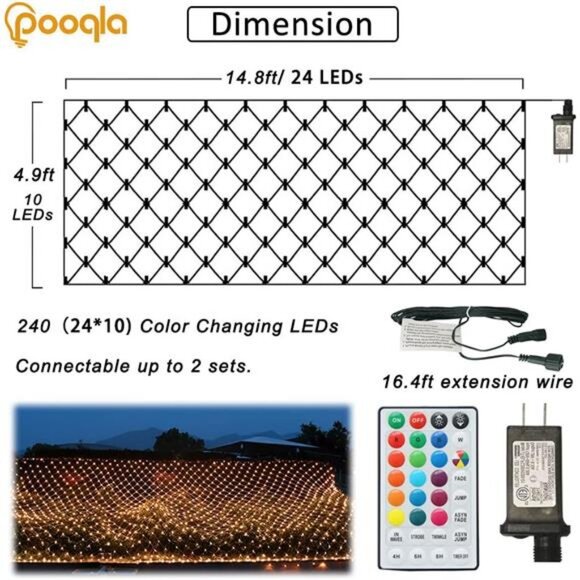 RGB Net Lights, Christmas Color Changing LED Mesh Lights, 14.8x4.9 ft 240 LED - Picture 4 of 7